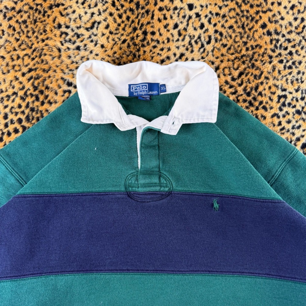 Vintage Polo Ralph Lauren Rugby Sweatshirt XL Green Navy Blue 90s Colorblock